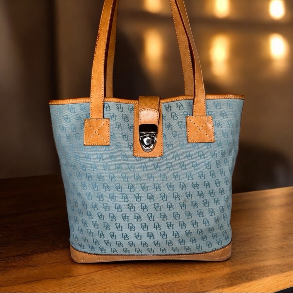 Dooney & Bourke 2-Piece Tote Set Vintage Denim Canvas with Natural Leather Trim
